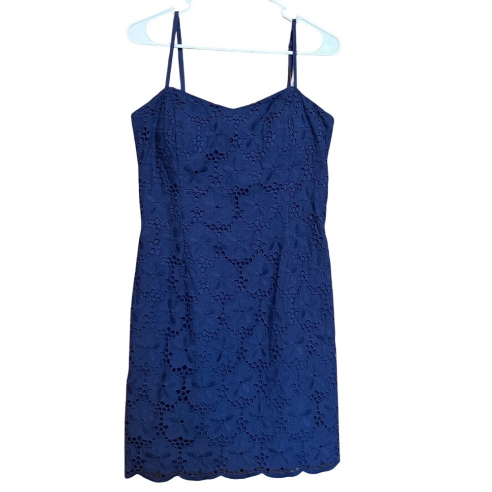 Lilly Pulitzer Shift Dress 10 Navy Blue Floral Eyelet Back Tie Cutout Summer
